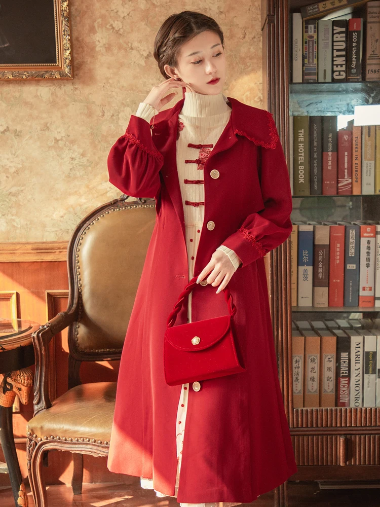 

2022 New Spring Autumn Retro Single-breasted Windbreaker Coat Women's Clothing Fashion Red Long Trench Coat D1088