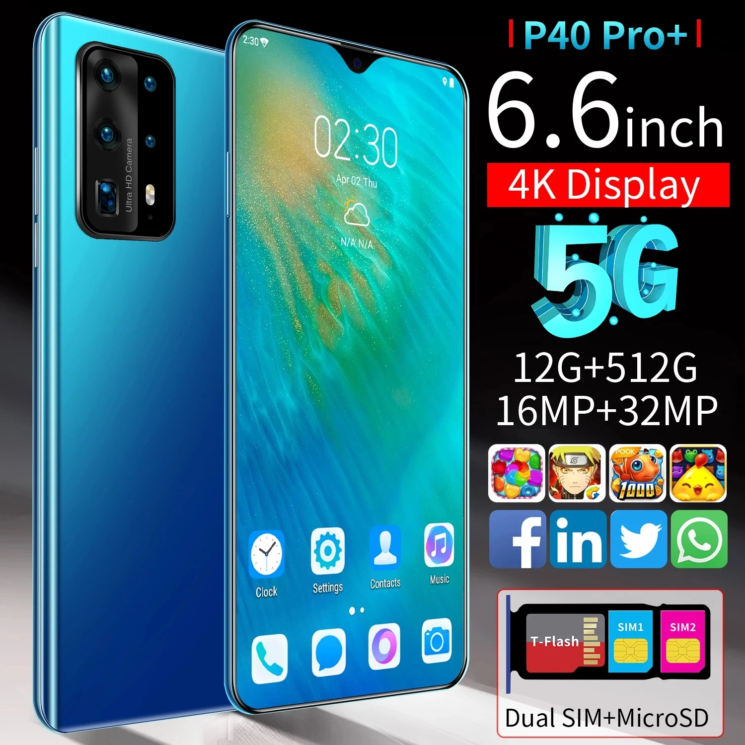 

Android Smartphone P40 Pro +, 6.6 Inch Smartphone, 32MP Rear Camera, 8GB RAM, 256GB ROM, 5000mAh, Deca Core CPU, Huawei I