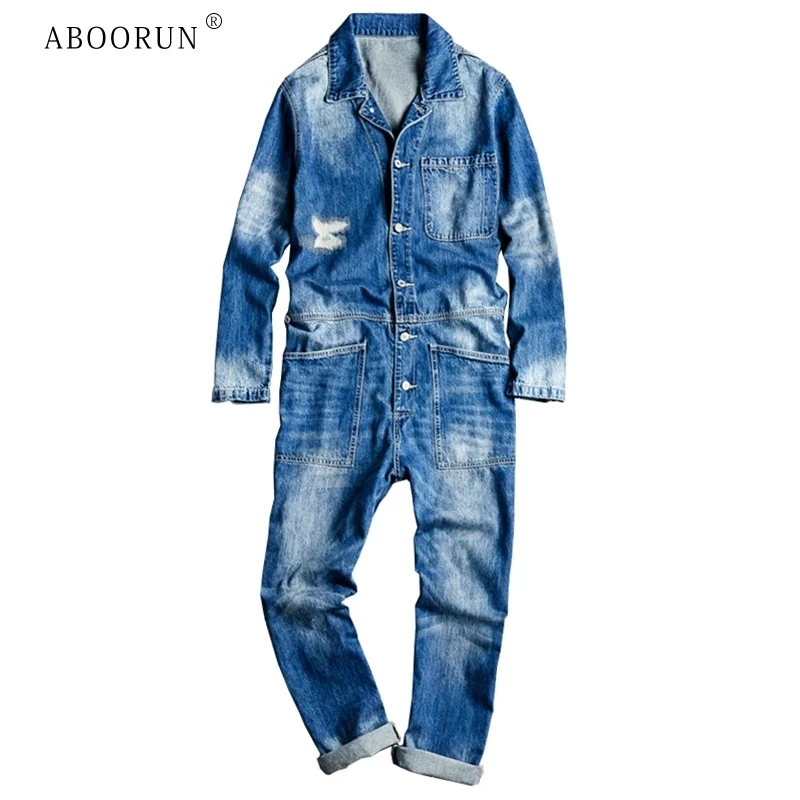 

Мужские рваные джинсовые комбинезоны ABOORUN в стиле пэчворк с длинными рукавами, свободные комбинезоны в стиле хип-хоп, повседневные джинсы-К...