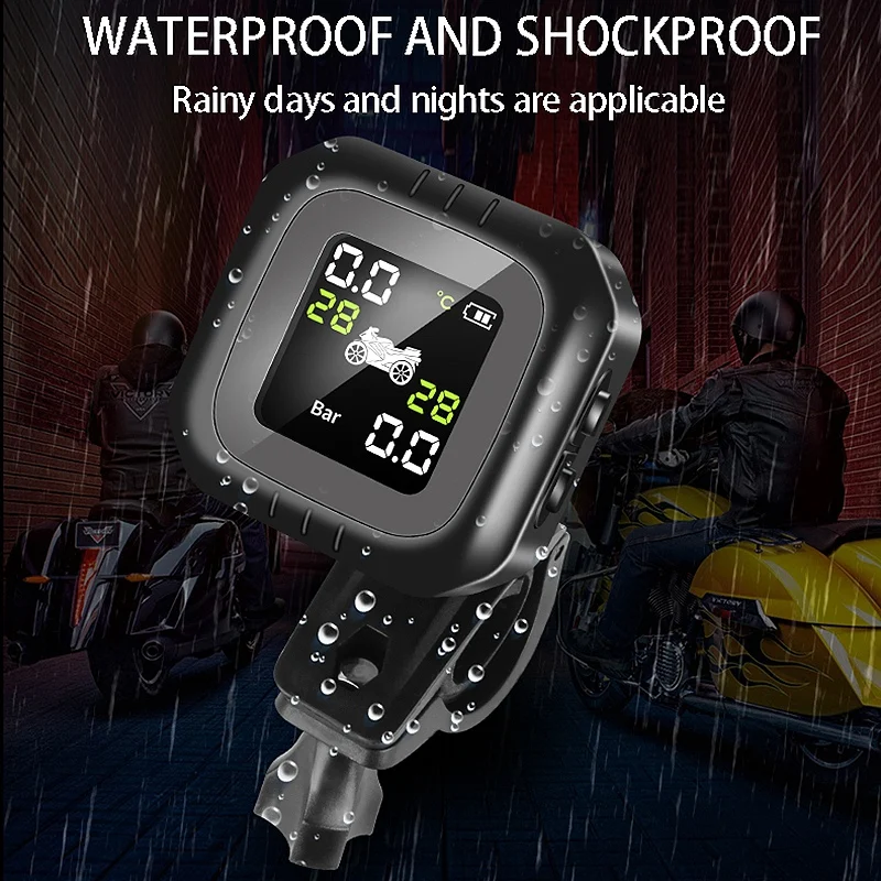 

Motorcycle Tire Pressure Monitoring System Temperature Alarm Waterproof Cordless TPMS External Sensor