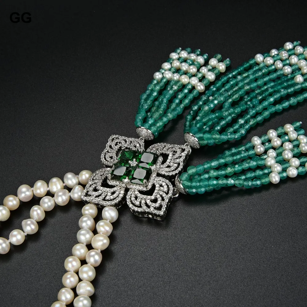 

GuaiGuai Jewelry 20'' 2 Strands White Pearl Necklace Green Agates Cz Pave Pendant