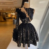 ladies short sequin cocktail party dress luxury sequined sheer tulle prom gown one full sleeve above knee feather robe for women