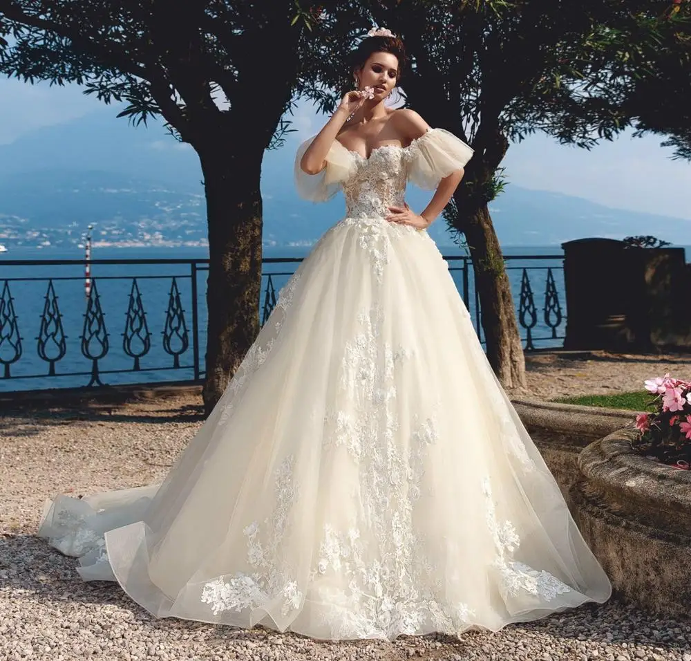 

Элегантное новое бальное свадебное платье 2020 Милая пышная рукава Часовня Поезд Аппликации Тюль Свадебные платья Vestido de noiva