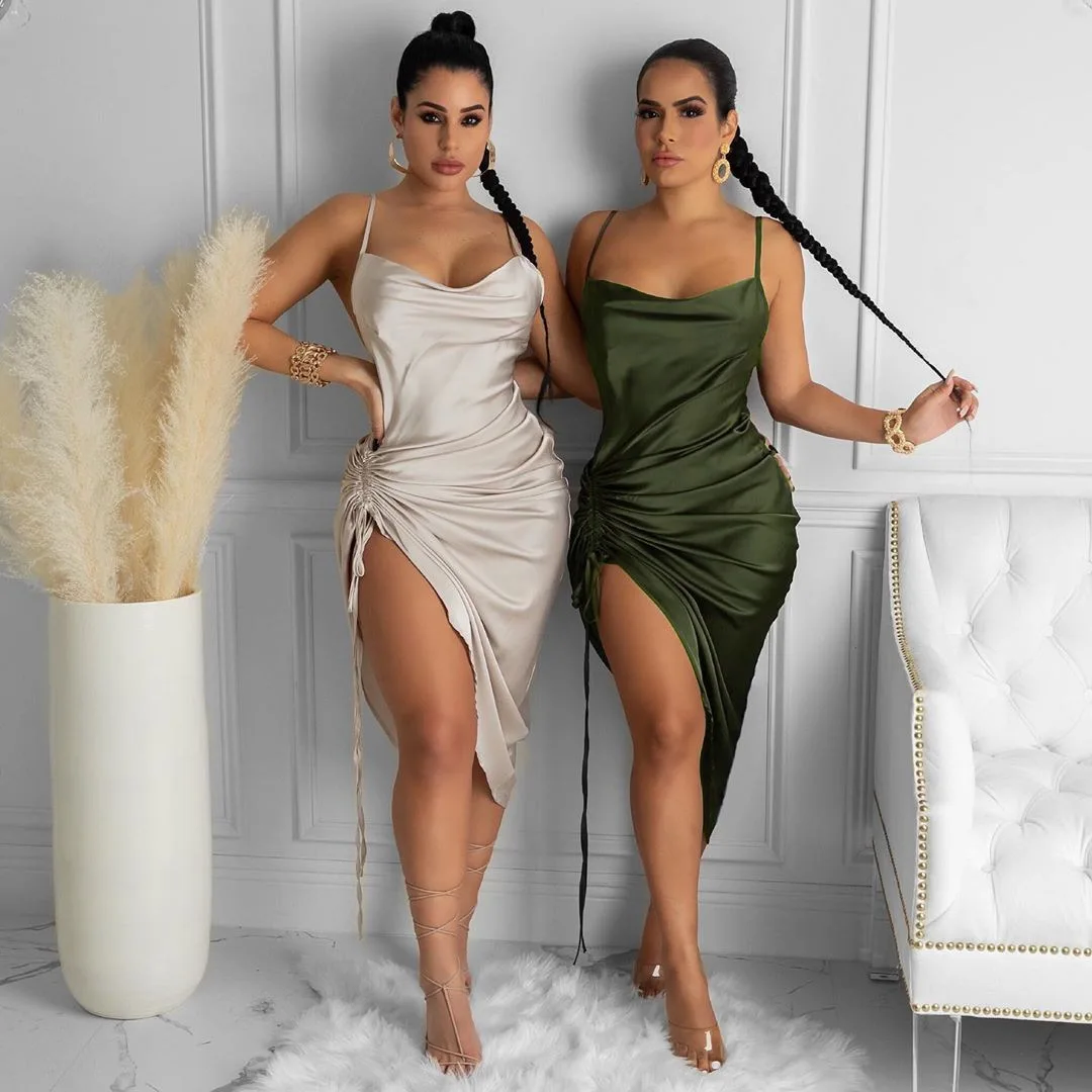

Ruched Satin Summer Dress Women Drawstring Spaghetti Straps Cowl Neck Backless Long Dresses Women Elegant Party Sexy Vestidos