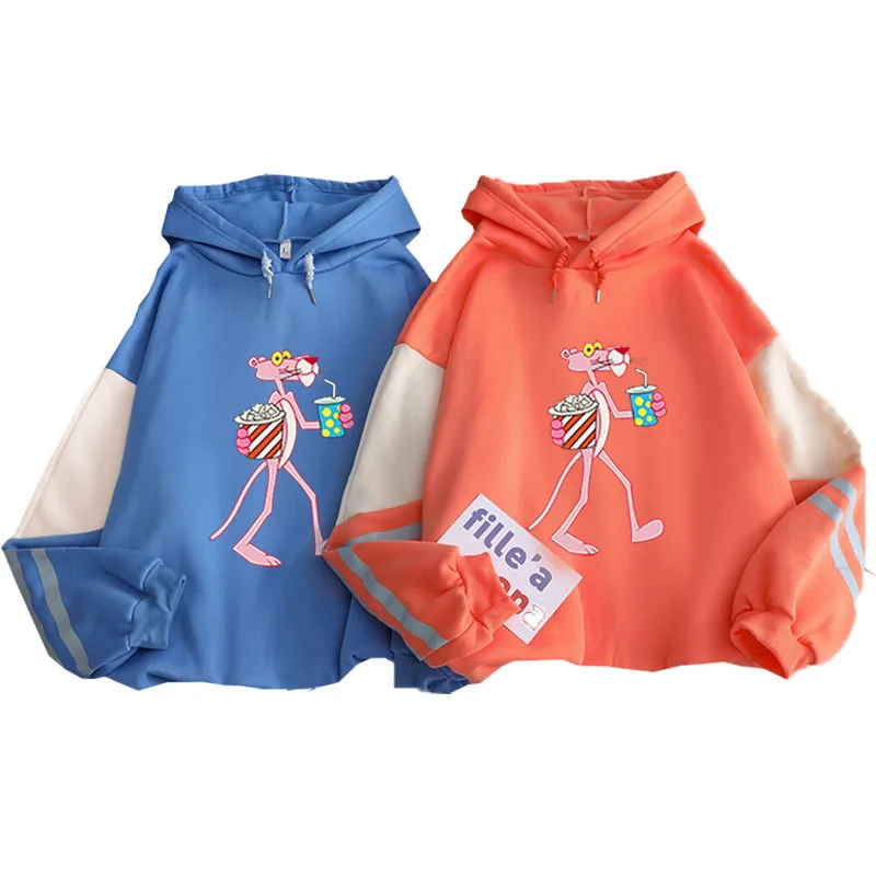 

Autumn and winter color matching contrast color plus velvet sweatshirt pink panther printed pattern all-match Hoodie