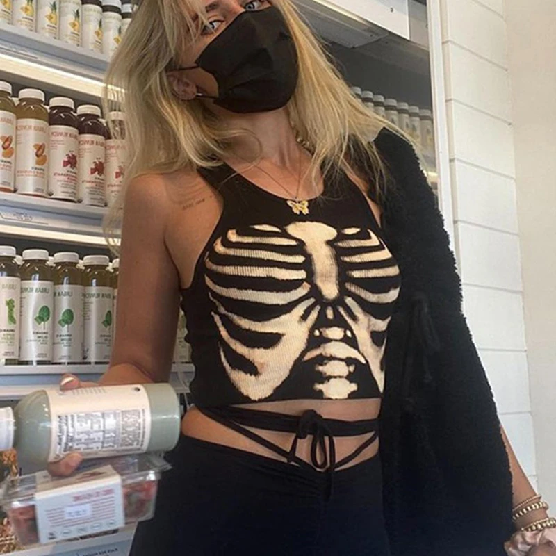

Fashion Aesthetic Print Crop Tops For Women Sleeveless Corset Vest Top Cropped Feminino 90s Gothic Slim Black Top Tanks Camis