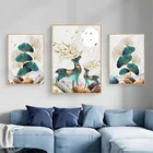 Настенные картины с зелеными скандинавскими принтами, абстрактный ландшафт, постер с оленями, растениями, животными, домашний декор