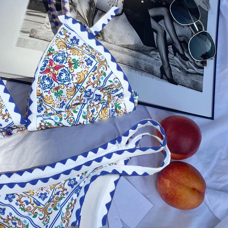 

Peachtan Triangle bikini 2021 Print swimsuit women Sexy swimwear female High cut swimming suit Sexy bathing suit beach wear new