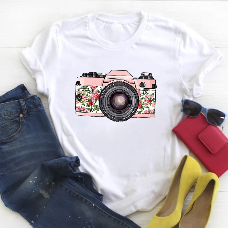 

Women Camera Vintage World Printed Short Sleeve Ladies Summer T Tee Female Top Shirt Clothes Tshirt Womens Graphic T-shirt