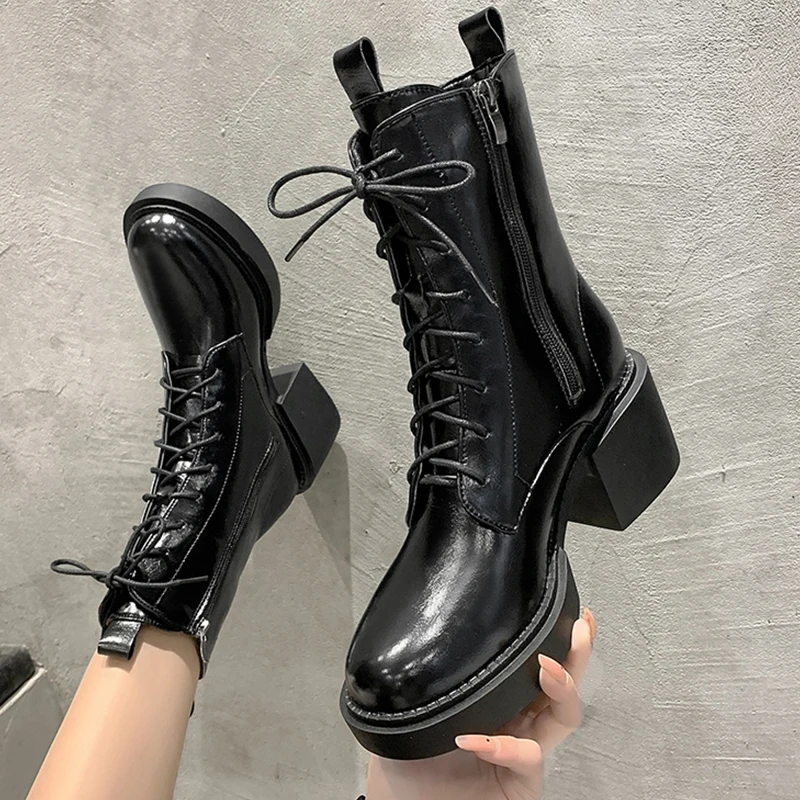 

Women's Boots Mid Heels Sexy Chunky 2022 New Winter Goth Fashion Patent Leather Platform Chelsea Boots Shoes Ankle Mujer Boots
