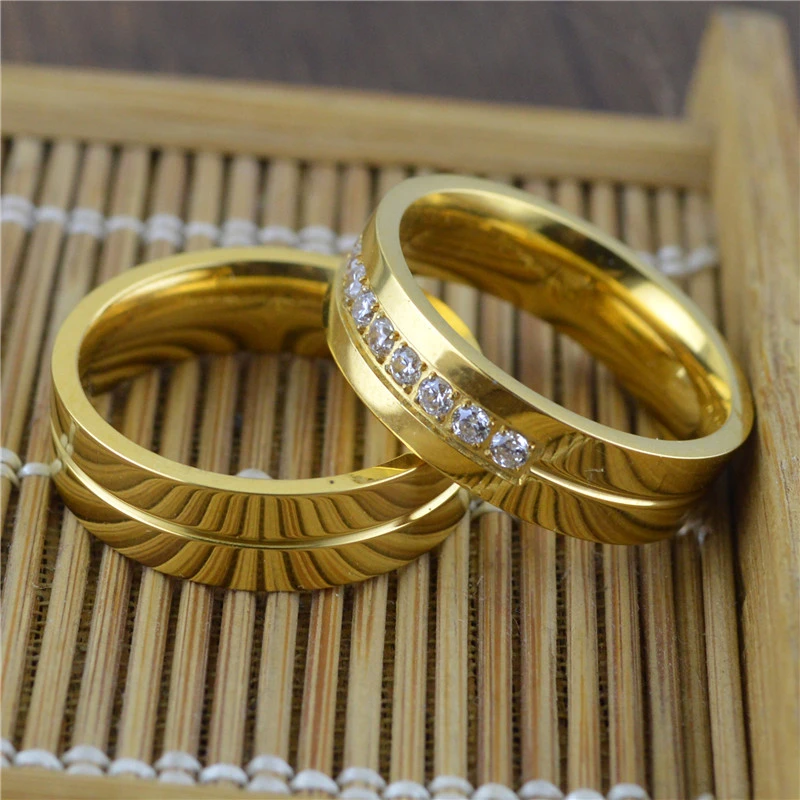 

Wholesale Lots Bulk Simple Inlaid AAA Cubic Zirconia Rings Luxury Jewelry Fashion Gold Color Stainless Steel Wedding Ring Female