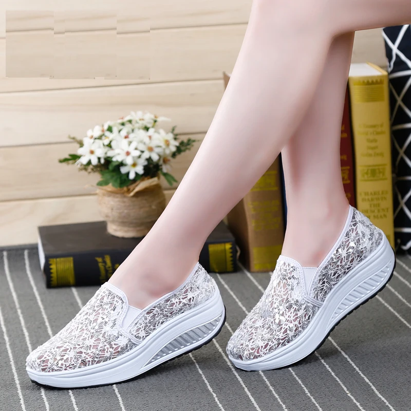 

Casual Woman Pumps 2020 Summer New Sequins Net Yarn Shoes Breathable Swing Shoes Women's Platform Wedge Sandals Size 35-40
