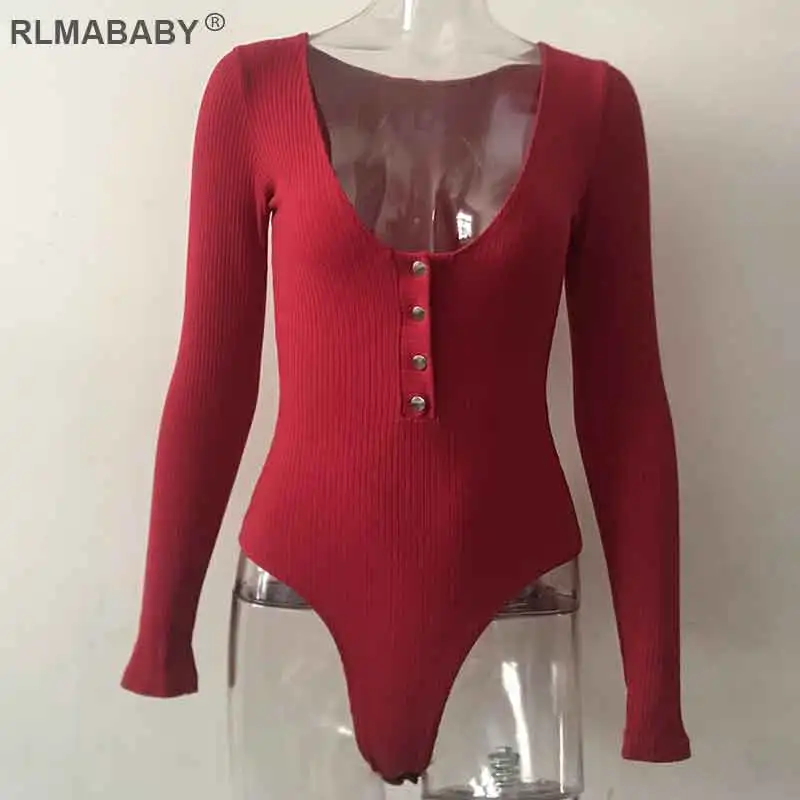 Wine Red Rlmaaby сексуальный трикотажный комбинезон с глубоким v-образным вырезом и пуговицами, Облегающий комбинезон с длинным рукавом, женский комбинезон, Осенний базовый топ-боди - Цвет: Wine Red