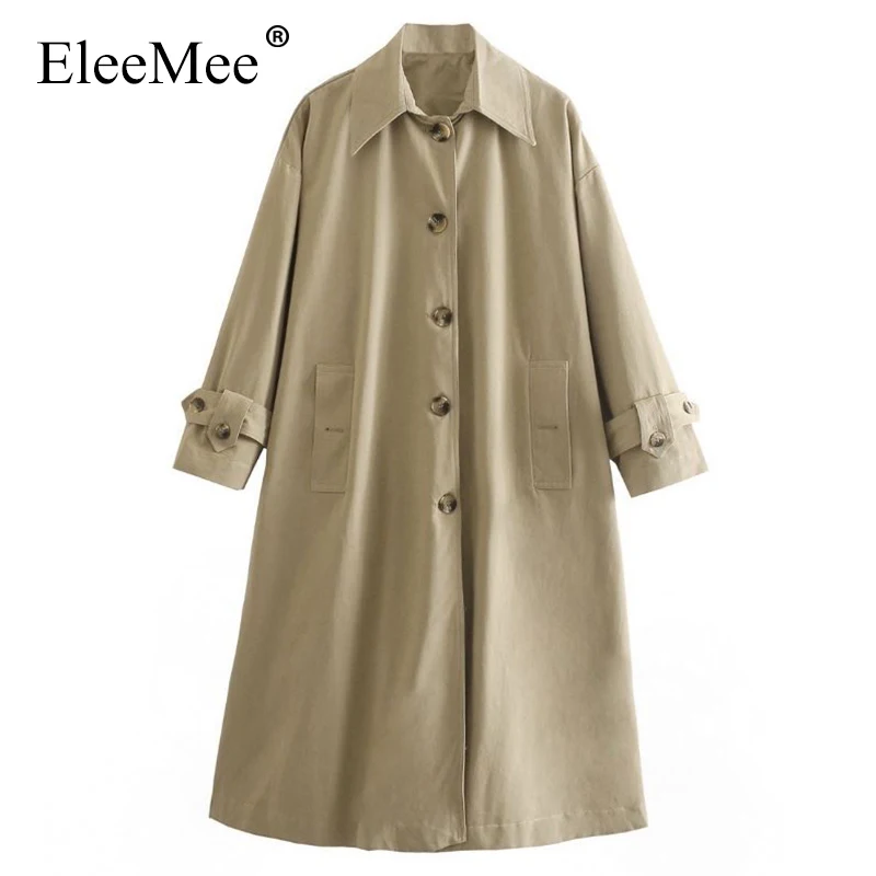 

EleeMee Trench Coat For Women Long Pocket Turndown Collar Long Sleeve Single Breasted Windbreaker Concise Solid Color Size S-L