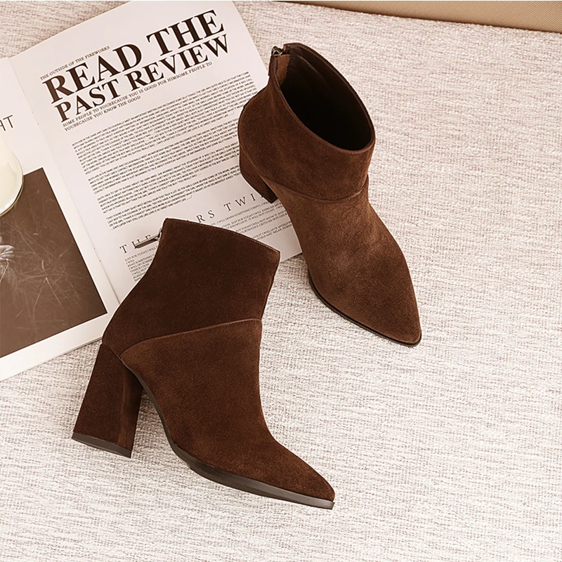 

women Ankle boots Genuine Leather plus size 22-26.5 cm feet length ankle boots pointed toe side zipper winter shoes women