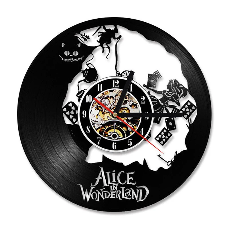 Vinyl Record Wall Clock Modern Design Cartoon 3D Stickers Decorative Kids Room Alice in Wonderland Clocks Wall Watch Home Decor