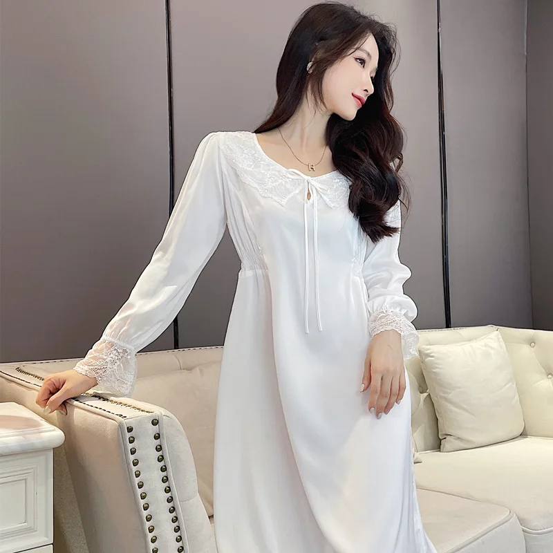 Fdfklak Summer New Sexy Nightgown Satin Long Sleep Dress For Women 2022 Spring Thin Lace Lingerie Loose Sleepwear Homewear