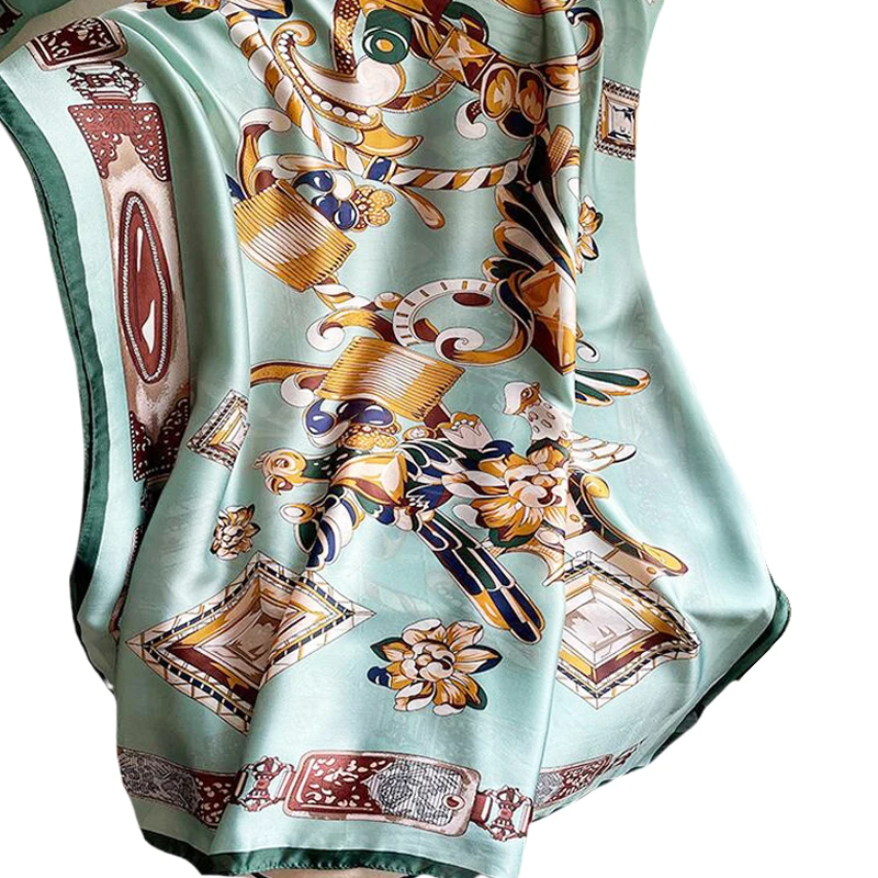 

Vintage Chain Flowers Women's Bandana Designer Printed Silk Scarf Female Long Satin Scarf Pareo Beah Luxury Sunscreen Silk Shawl