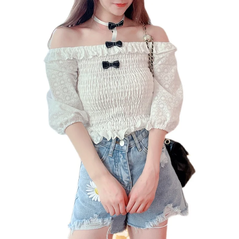 

COIGARSAM French Style blouse women Bow Sheath High Waist blusas womens tops and blouses White 6202