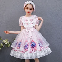 lolita dress kids girls summer kawaii sweet cute princess dress vintage printed patterns pink skirt and headband lolita suit