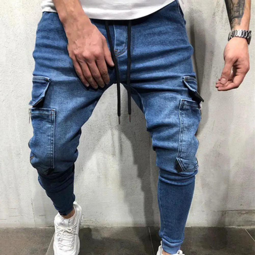 

2021 Brand New Style Stylish Hip-hop Men Jeans Drawstring Solid Casual Multi Pockets Ankle-banded Pencil Pants Denim Pants