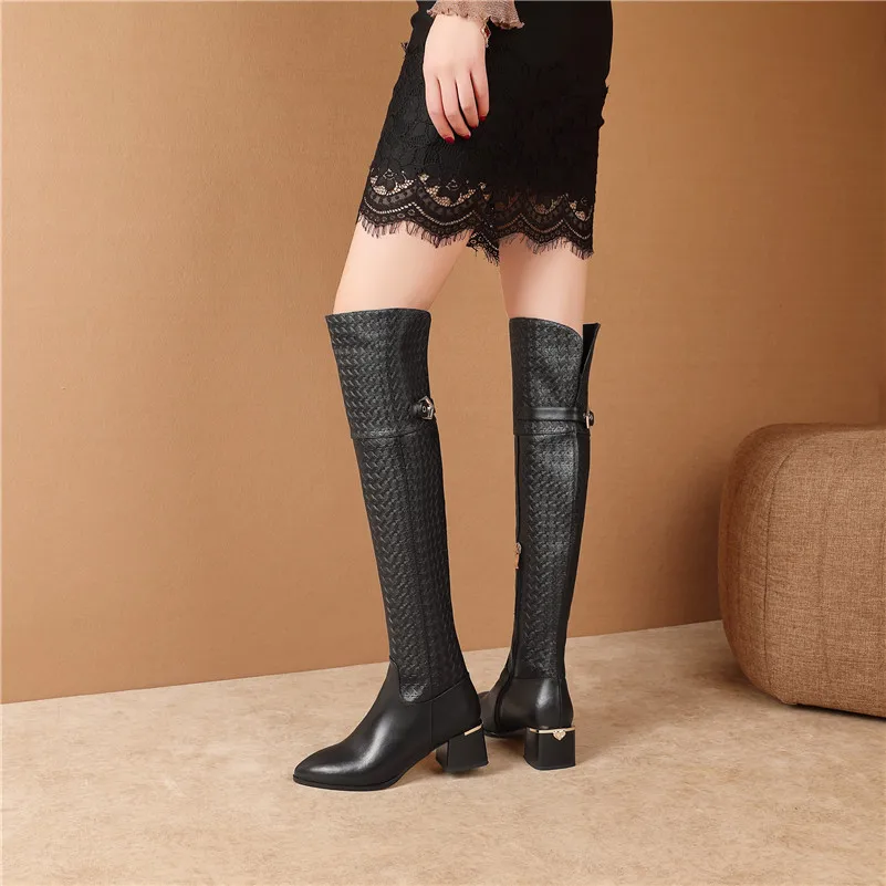

Meotina Winter Thigh High Boots Women Genuine Leather Chunky High Heel Over The Knee Boots Slim Zipper Shoes Lady Big Size 33-43
