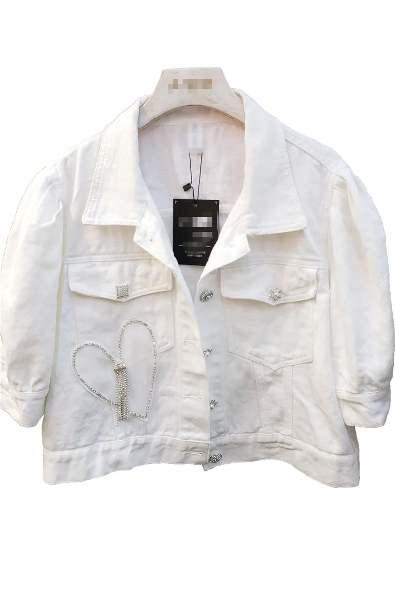 

2021 Summer New Slimming Meshing Patchwork Love Denim Jacket Female's Fashion Beading Top All-Matching Lapel Thin Jeans Coat