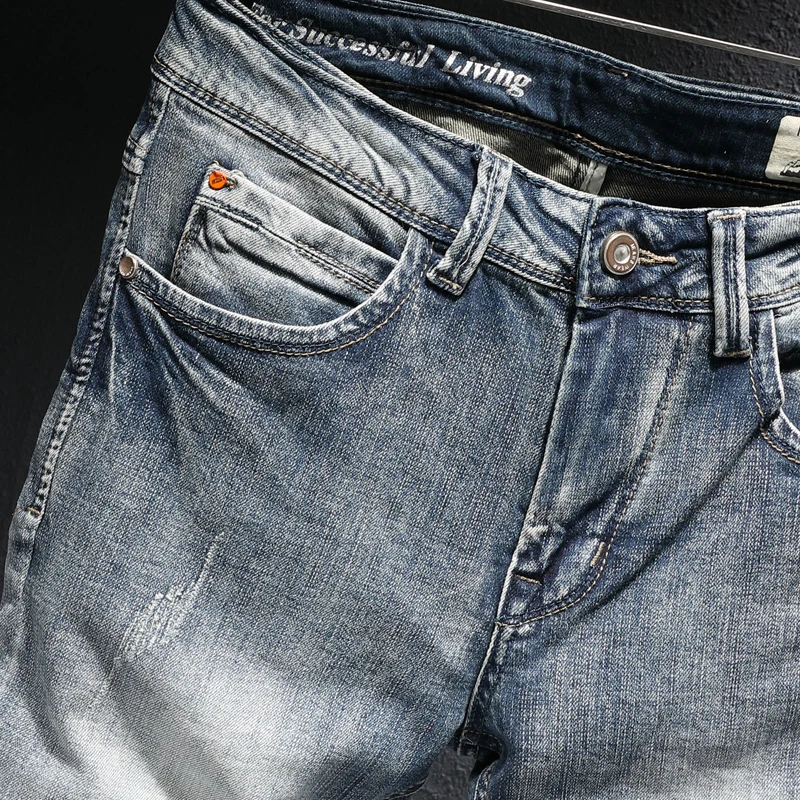 European Vintage Fashion Men Jeans Retro Light Gray Blue Elastic Slim Fit Ripped Jeans Men Korean Designer Casual Denim Pants