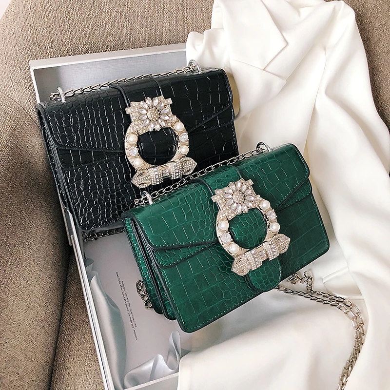 

2021 Purses and Handbags Solid Crocodile Square Diamond Lock Women's Shoulder Messenger Bag Crossbody Bags for Women Sac a Main