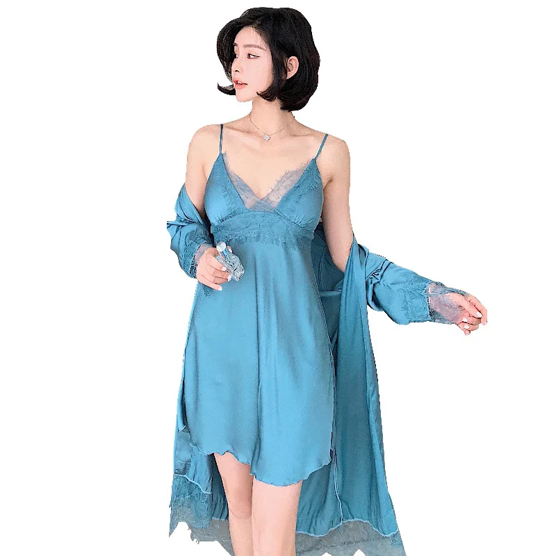 

Blue Kimono Robe Gown Set Young Lady Sexy V-Neck Backless Nightgown Summer Autumn Rayon Sleepwear Sweet Lace Trim Nightdress