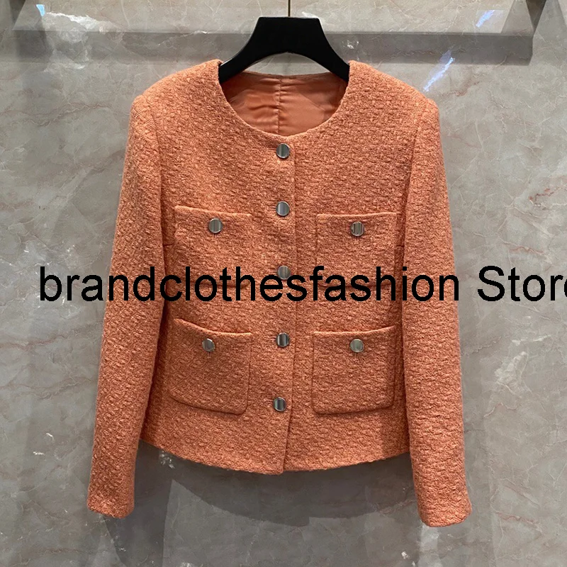 

Solid Pink Orange Fashion Wool Tweed Jacket Women High Quality Outerwear Long Sleeve Casual Four Pockets Coats Lady 2021 Autumn