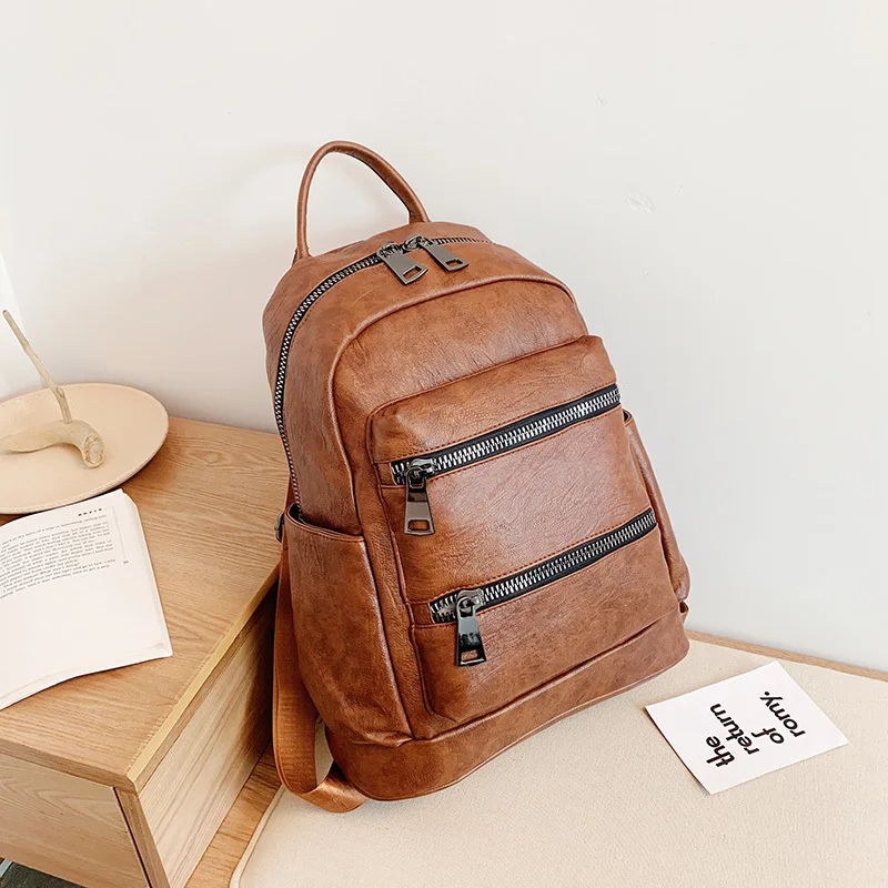 Double Zipper Pu Leather Women Backpack Multifunction Travel Rucksack Female Anti-theft Shoulder Bag Mochila Gris Mujer | Багаж и сумки