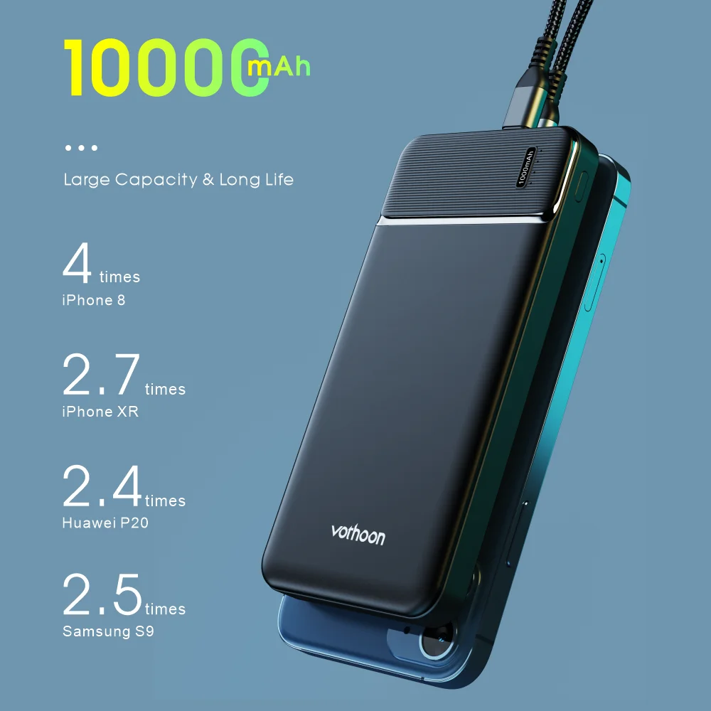 vothoon power bank 10000mah 2 usb portable charging powerbank external battery portable powerbank for iphone 12 samsung xiaomi free global shipping