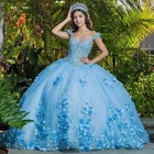 Небесно-голубые платья для Quinceanera, женское бальное платье с цветами, Женский корсет принцессы для маскарада, милые платья для выпускного вечера 16 лет