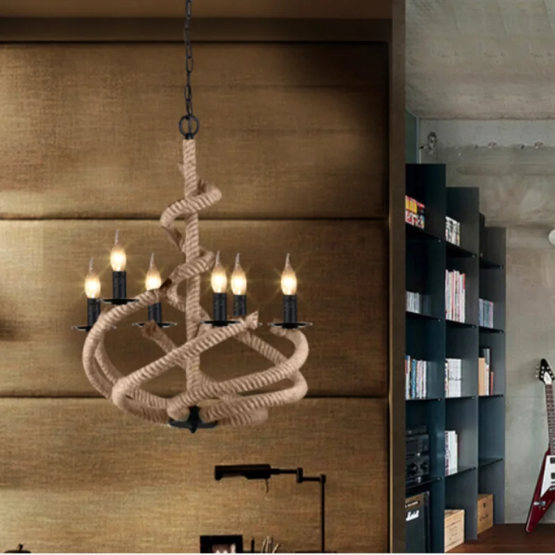 

American loft Retro Industrial creative Wrought iron lamp Restaurant coffee bar living room tooling Hemp rope chandelier