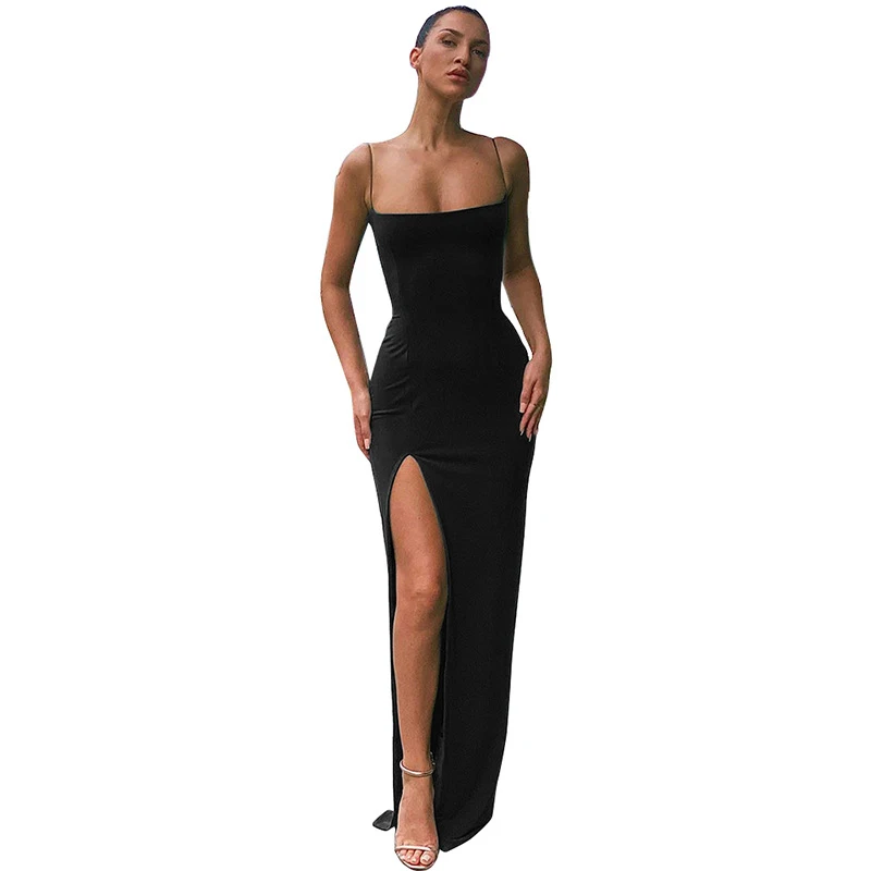 

AECU 2021 Women Strapless Dress High Split Maxi Dress Party Spaghetti Strap Dress Summer Evening Dress Sleeveless Elegant Dress