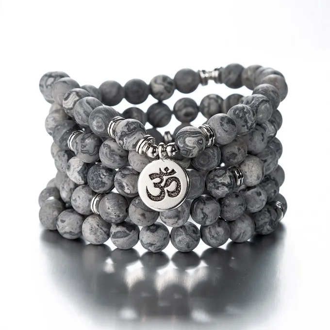 greyagate OM 108 бусы натуральные камни Мала Будда Лотос дерево чакра Йога пара очарованные эластичные браслеты - Окраска металла: greyagate OM