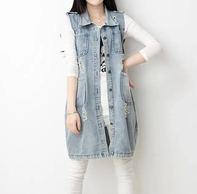 Женская длинная джинсовая куртка винтажная верхняя одежда с дырками осень 2019 |