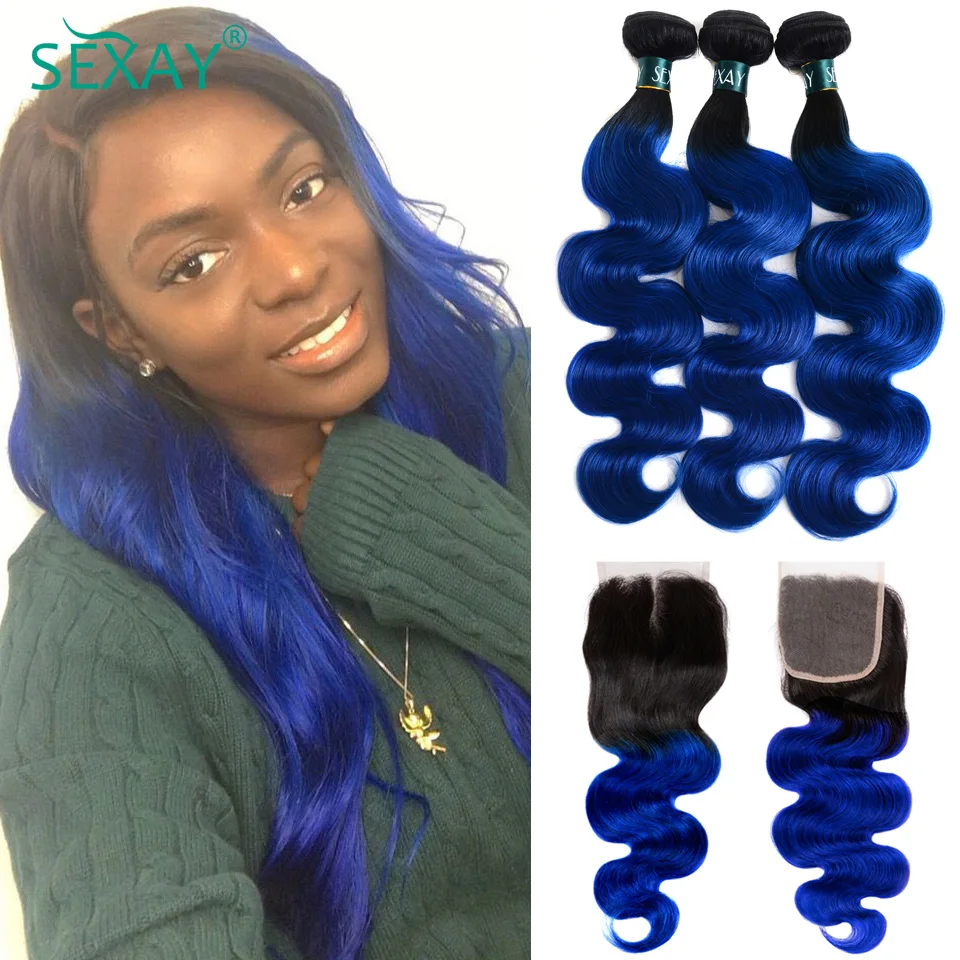 Sexay Blue Body Wave Bundles With Closure 10-28 Malaysian Human Hair Weave Extensions 1B Blue Ombre Hair Bundles With Closure