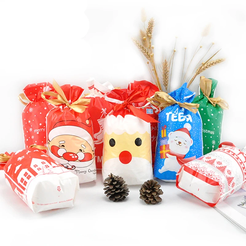 

10 шт./лот рождественские подарки, мешки с Санта-Клаусом, оленем, рождественские мешки для конфет, новогодние и рождественские подарочные пак...