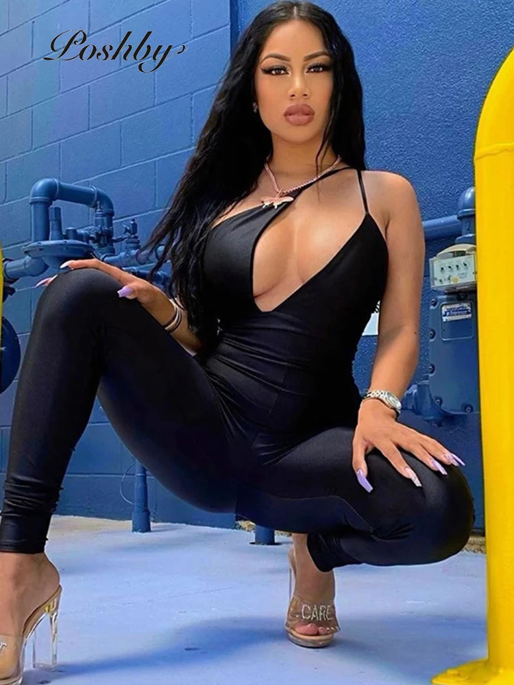 

Poshby Women Jumpsuits One Shoulder Strap Sexy 2021 Bodycon Party Clothes Sleeveless Hollow Out Streetwear Night Club Outfits