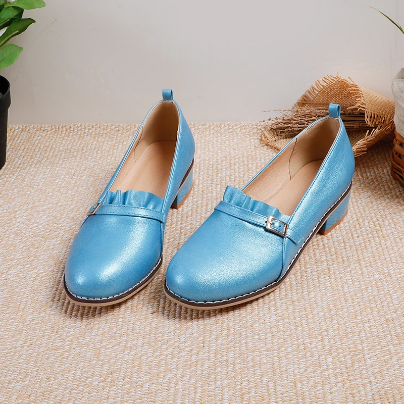 

Sky Blue Low-Heel Ruffled Metal Buckle Pumps Spring College Wild Fashion Sweet Student Shoes Car Stitching Pink Women's Shoes
