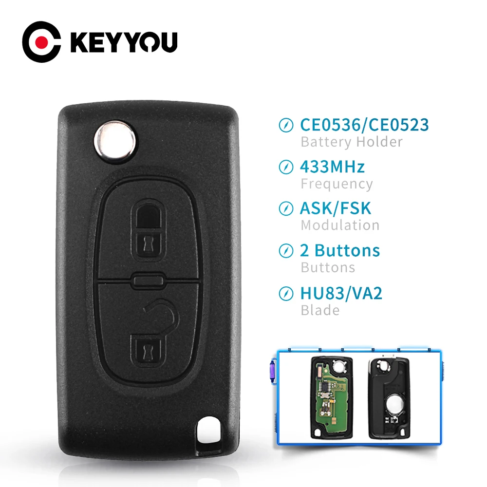 Флип ключ KEYYOU VA2/HU83 Blade 2 кнопки флип для Peugeot 307 3008 308 408 433 МГц ID46 7941 CE0536 CE0523|Ключ от