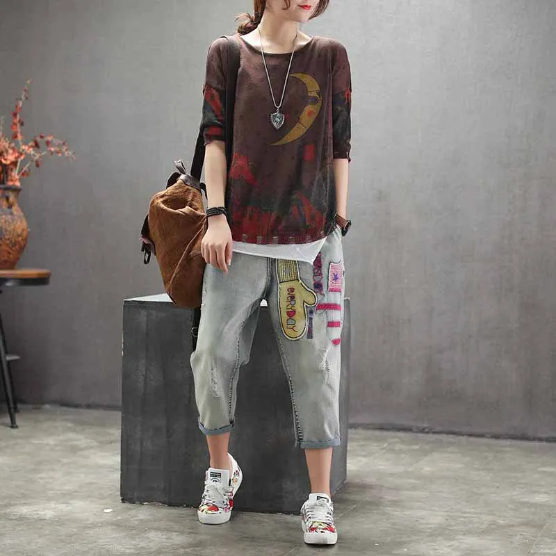 Весна и осень Новый рукав женский свитер мультфильм печати вязать хлопок лен