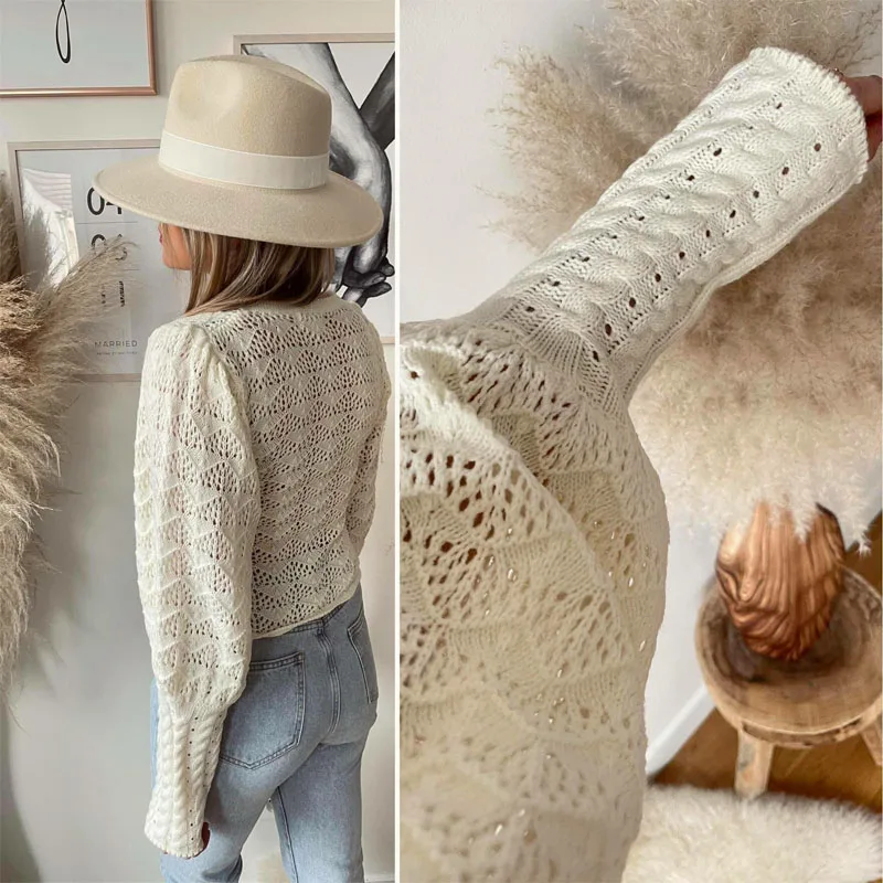 

Vintage Hollow Out Knitted Sweaters Women Autumn Lantern Sleeve O-Neck Casual Jumper Ladies Elegant Solid Sweater New Streetwear