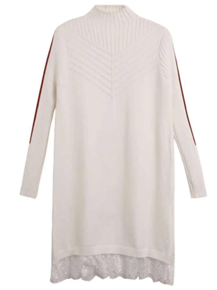 

2021 New Turtleneck Women Sweaters And Pullovers Lace Patchwork Elegant Solid Thicken Warm Outwear Pulls Coat Tops