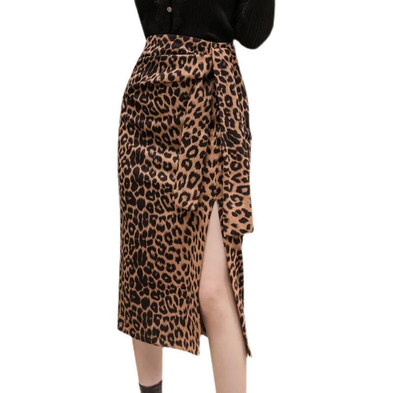 

Leopard Long Skirt Women Spring And Autumn High Waist Skirts Bandage Split Print Club Party Midi Skirt Sexy Elegant Slim Female