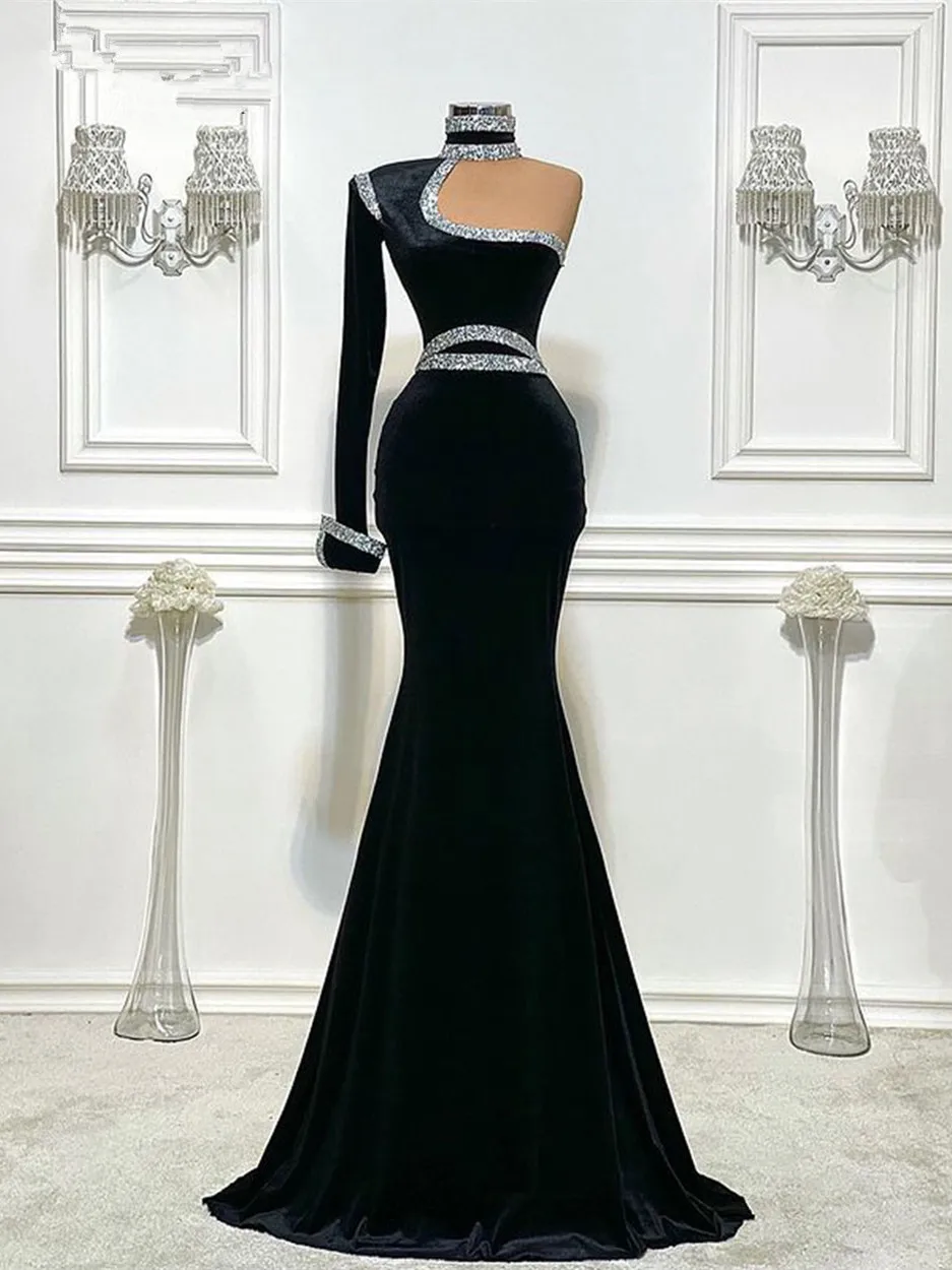 

One Sleeve Evening Dresses High Neck Mermaid Style Black Velvet Prom Dress African Women Formal Party Gowns
