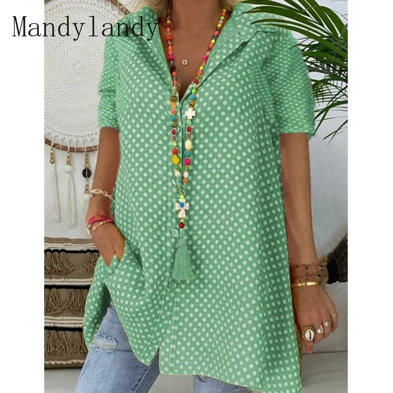 

Mandylandy Short Sleeve Shirt Women's Casual Dotted Prints Loose Shirt Summer Fashion Single-Breasted Turn-down Collar Shirt