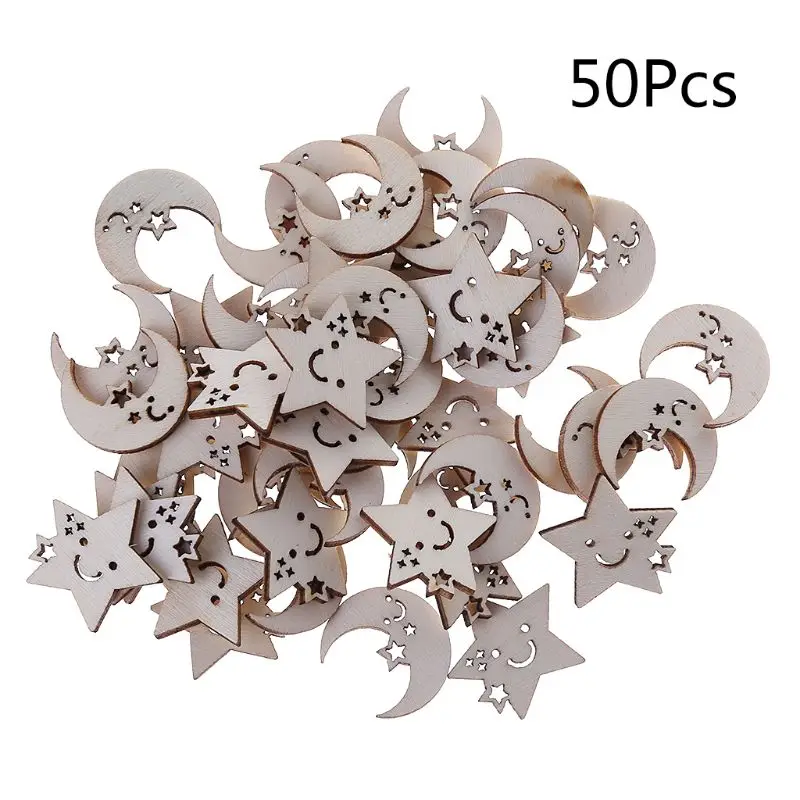 

50pcs Cut Wood Embellishment Wooden Star And Moon Shape Craft Wedding Decor P9JC